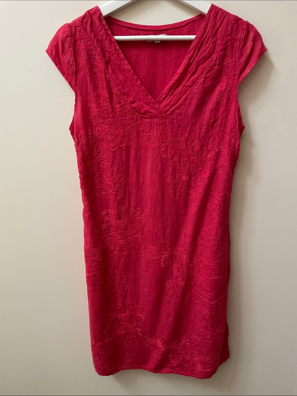 Italian Linen V-Neck Embroidered Cap-Sleeve Dress